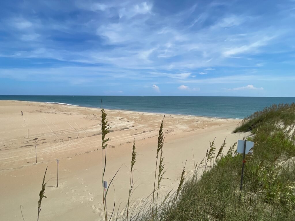 Sea oats along the dune line frame a wide, empty stretch of sand and surf at Cape Point on Hatteras Island.