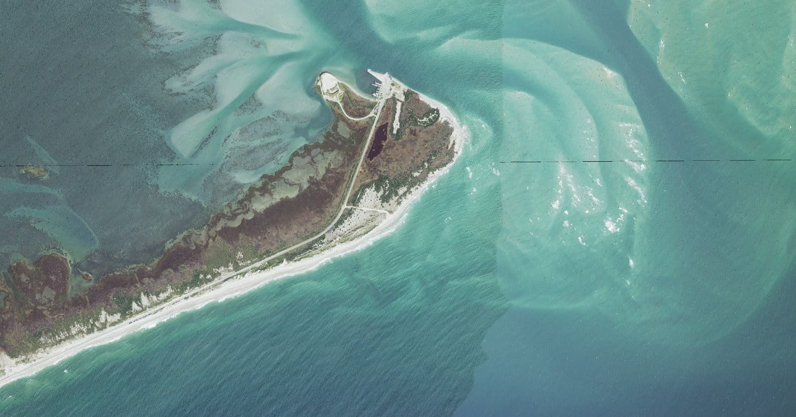 USGS aerial orthoimagery of the north end of Ocracoke Island at Hatteras Inlet shoreline served by Ramp 59