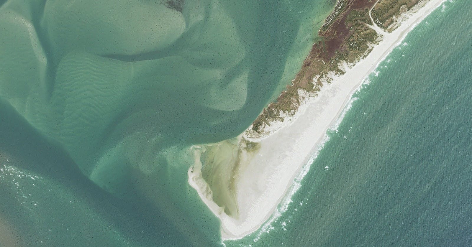 USGS aerial orthoimagery of the south end of Ocracoke Island at Ocracoke Inlet shoreline served by Ramp 72