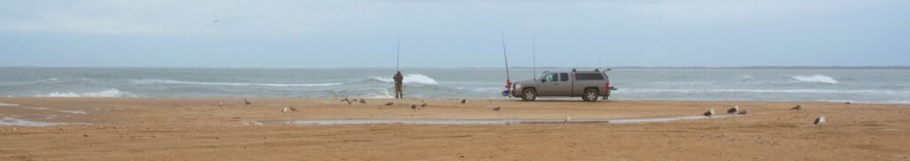 An angler casts into the surf beside rods in sand spikes and a vehicle parked on the open beach at Cape Hatteras National Seashore.