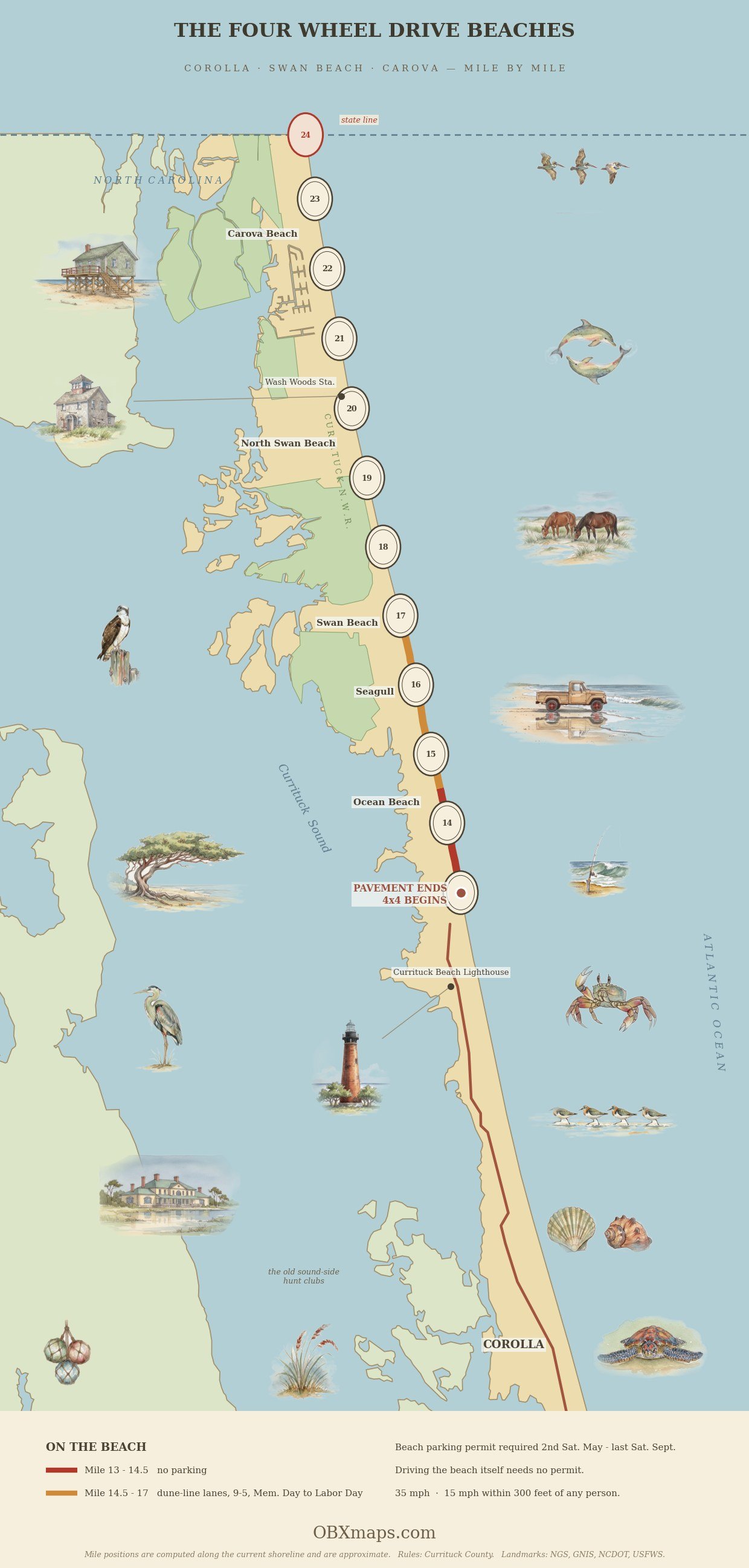 Illustrated map of the 4x4 beach from Corolla north to the Virginia line, with beach miles 13 to 23.9 drawn on the sand, the Currituck Beach Lighthouse, Wash Woods Station and the Carova neighborhoods.