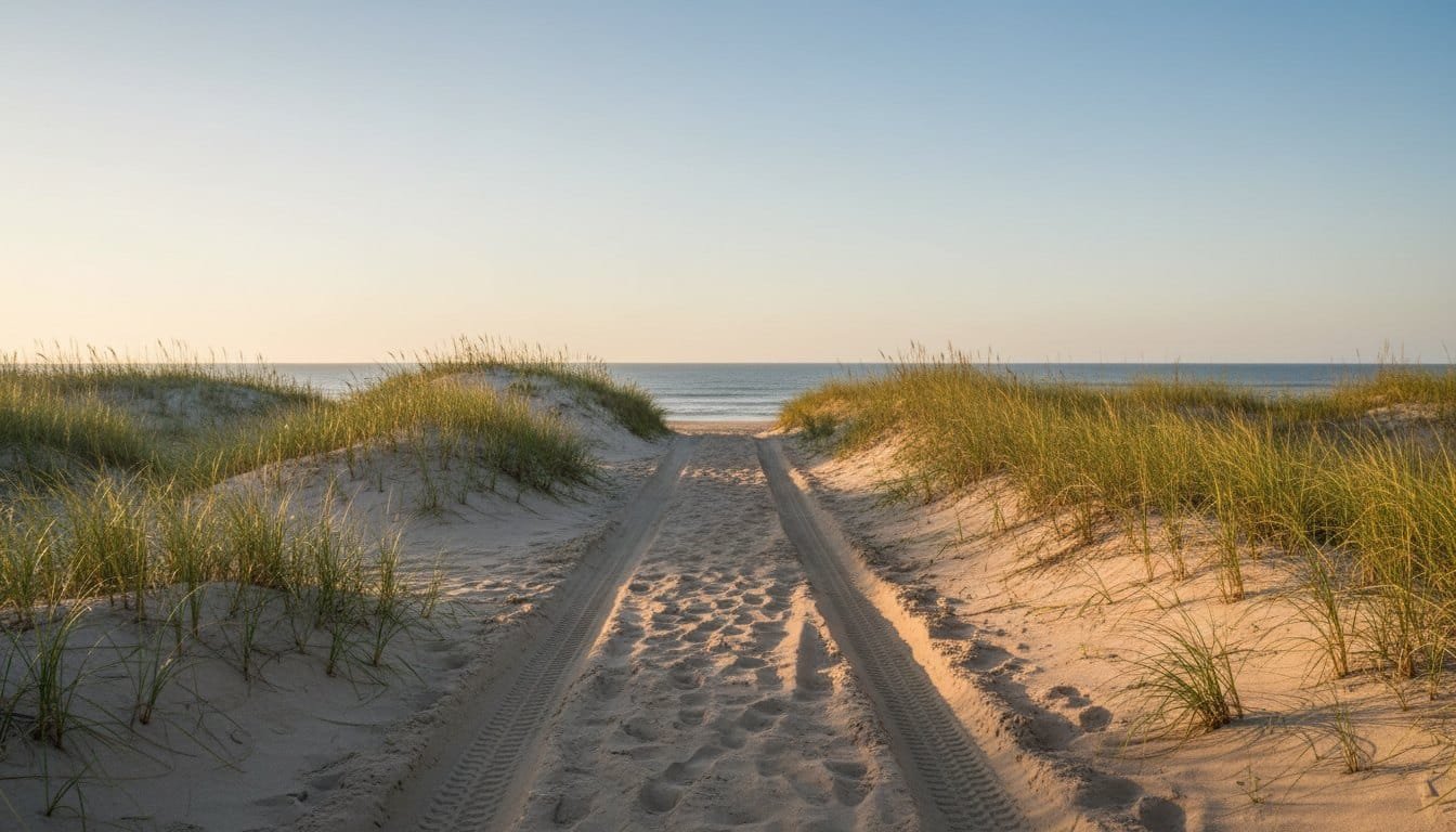 A sandy vehicle track cutting through a dune line to the open beach on the Outer Banks, tire ruts running over the crest