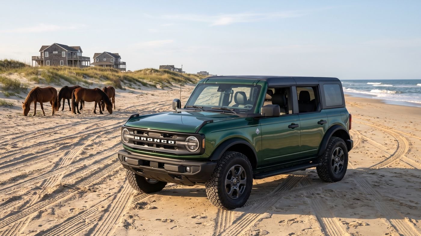 Concept render of a green four-door Ford Bronco parked on the Carova beach, wild horses grazing far behind it.