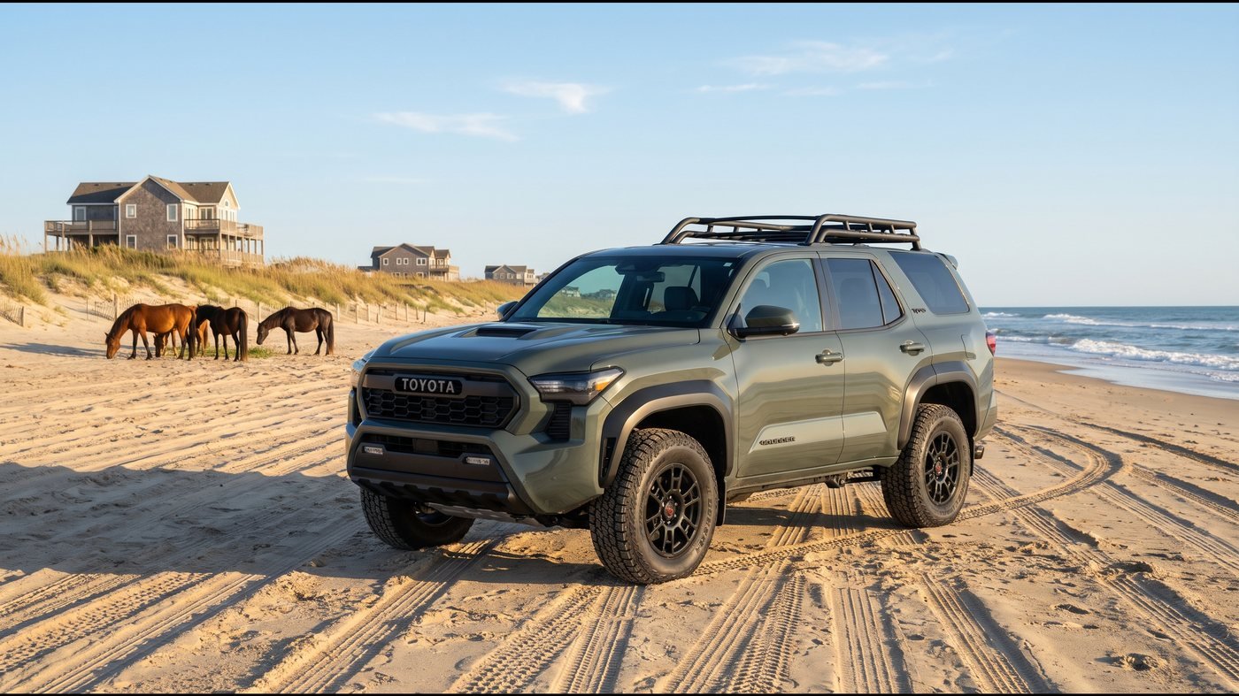 Concept render of a gray-green Toyota 4Runner TRD Pro parked on the Carova beach, wild horses grazing far behind it by the dunes.