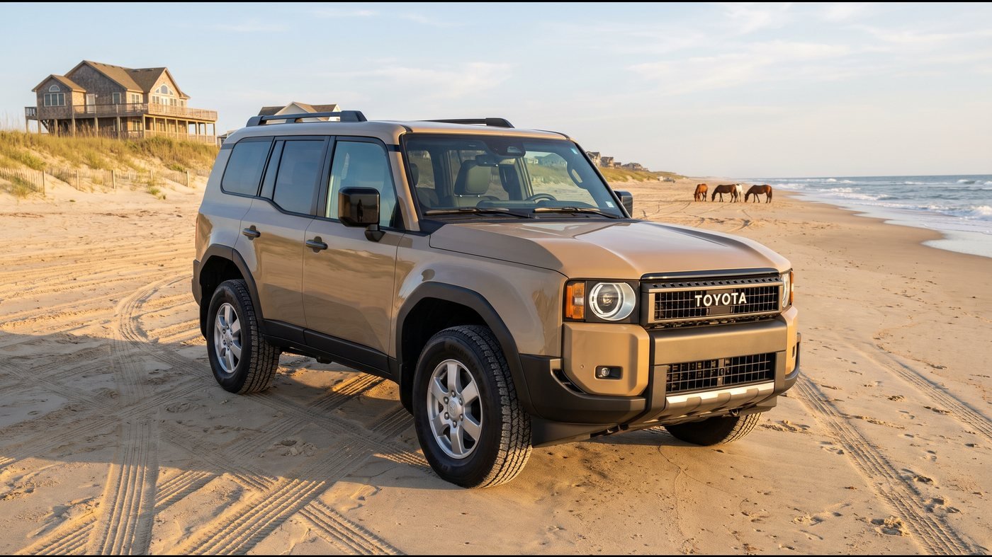 Concept render of a sand-colored Toyota Land Cruiser parked on the Carova beach, wild horses grazing far behind it.