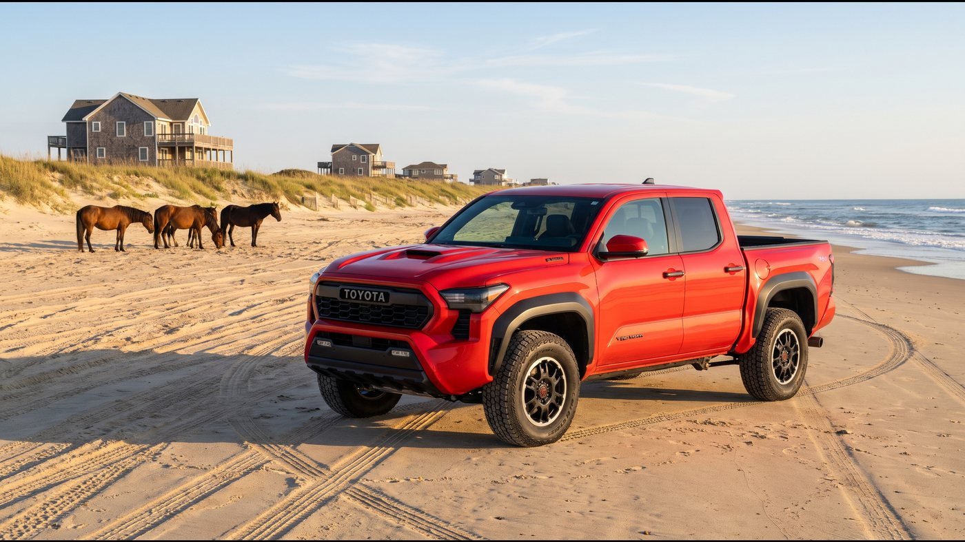 Concept render of a red Toyota Tacoma TRD Pro parked on the Carova beach, wild horses grazing far behind it.
