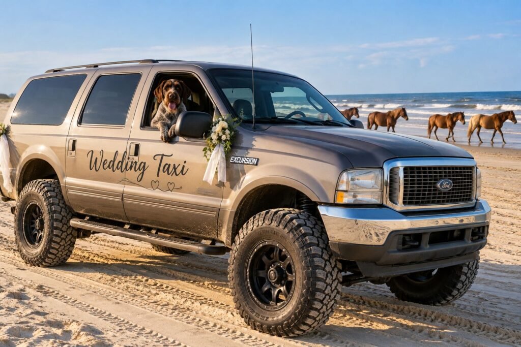 Lifted Ford Excursion with Wedding Taxi lettering and a dog in the window, parked on the beach as wild horses walk the surf line